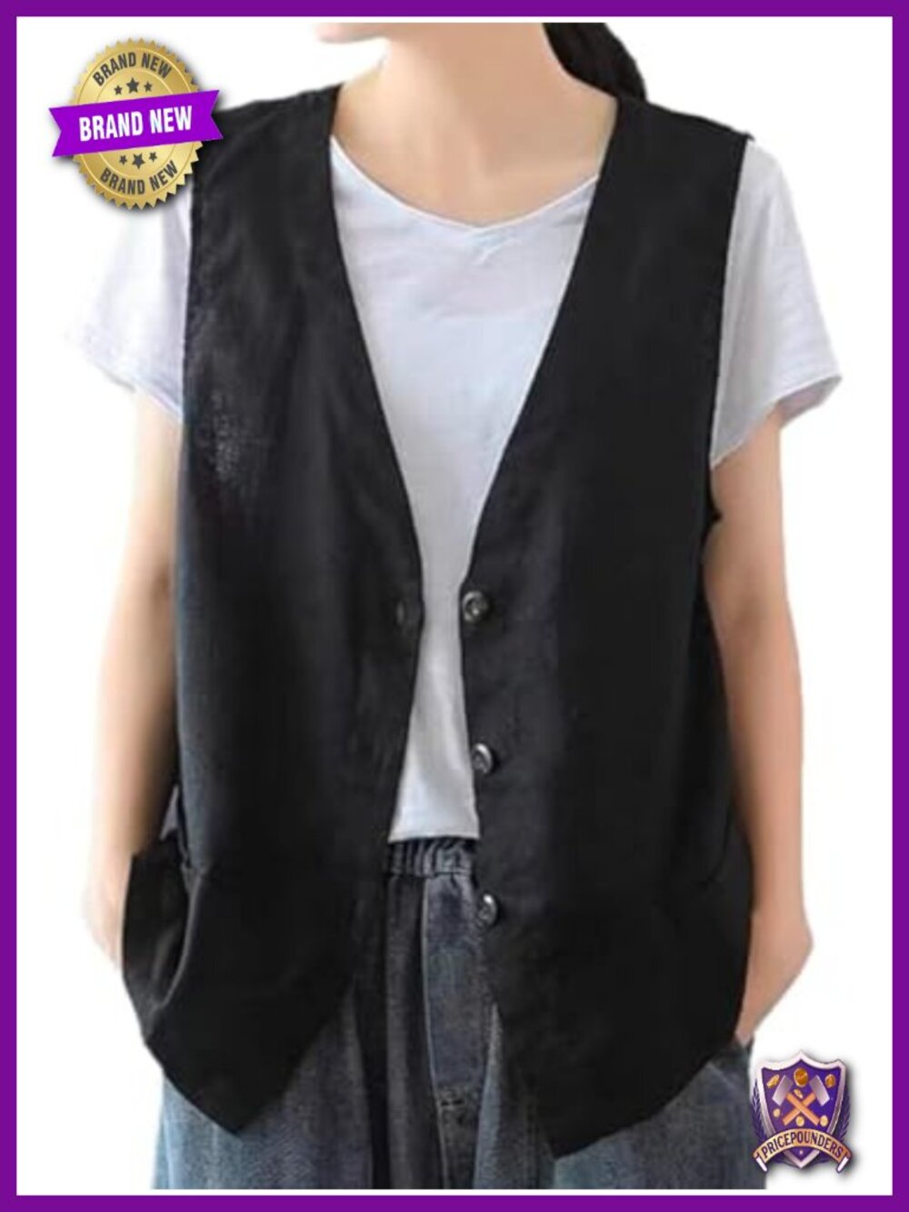 Women's Cotton Linen Sleeveless Vest Blazer Casual Button V Neck